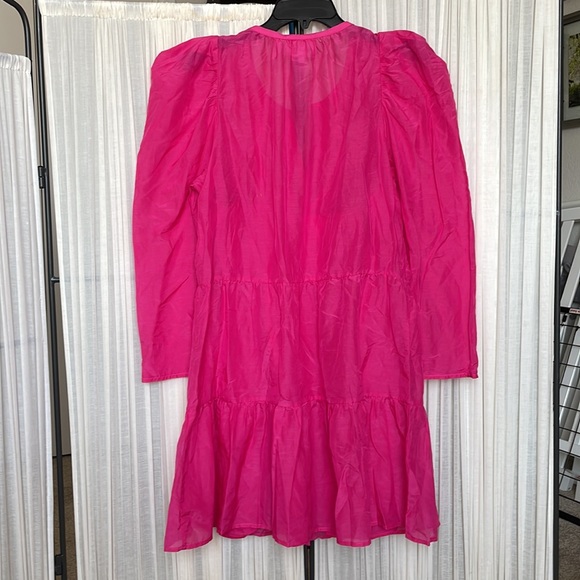 Bird & Knoll Pink Milou Silk Mandarin-Collar Tiered Mini Dress Sz L - Picture 4 of 6